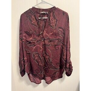 Abercrombie & Fitch Paisley Red Burgundy Tie Front Smocked Neck Blouse Top M
